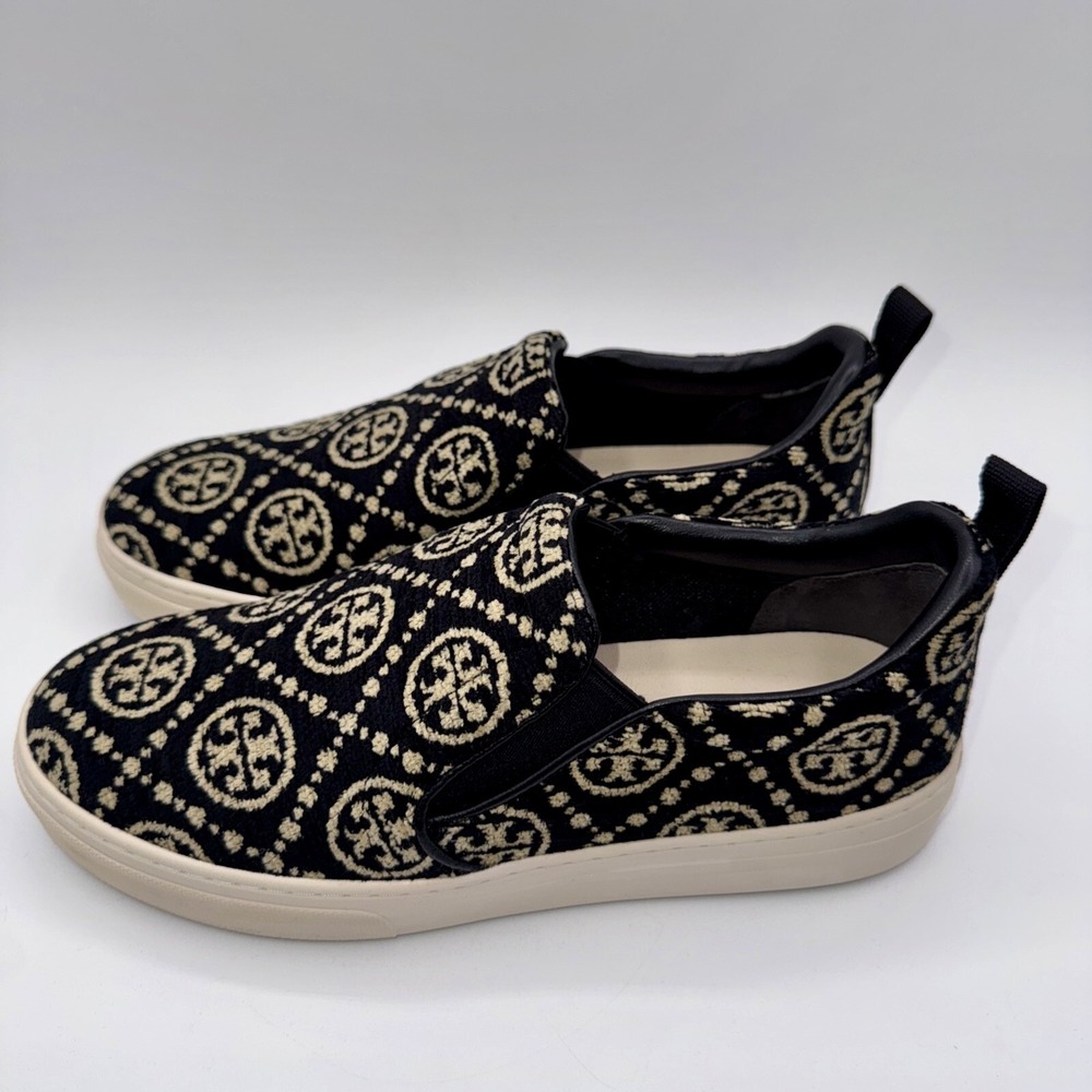 Tory Burch Monogram Soft Embossed Sneakers Women's Size 7.5 Black Chenille - Picture 2 of 13